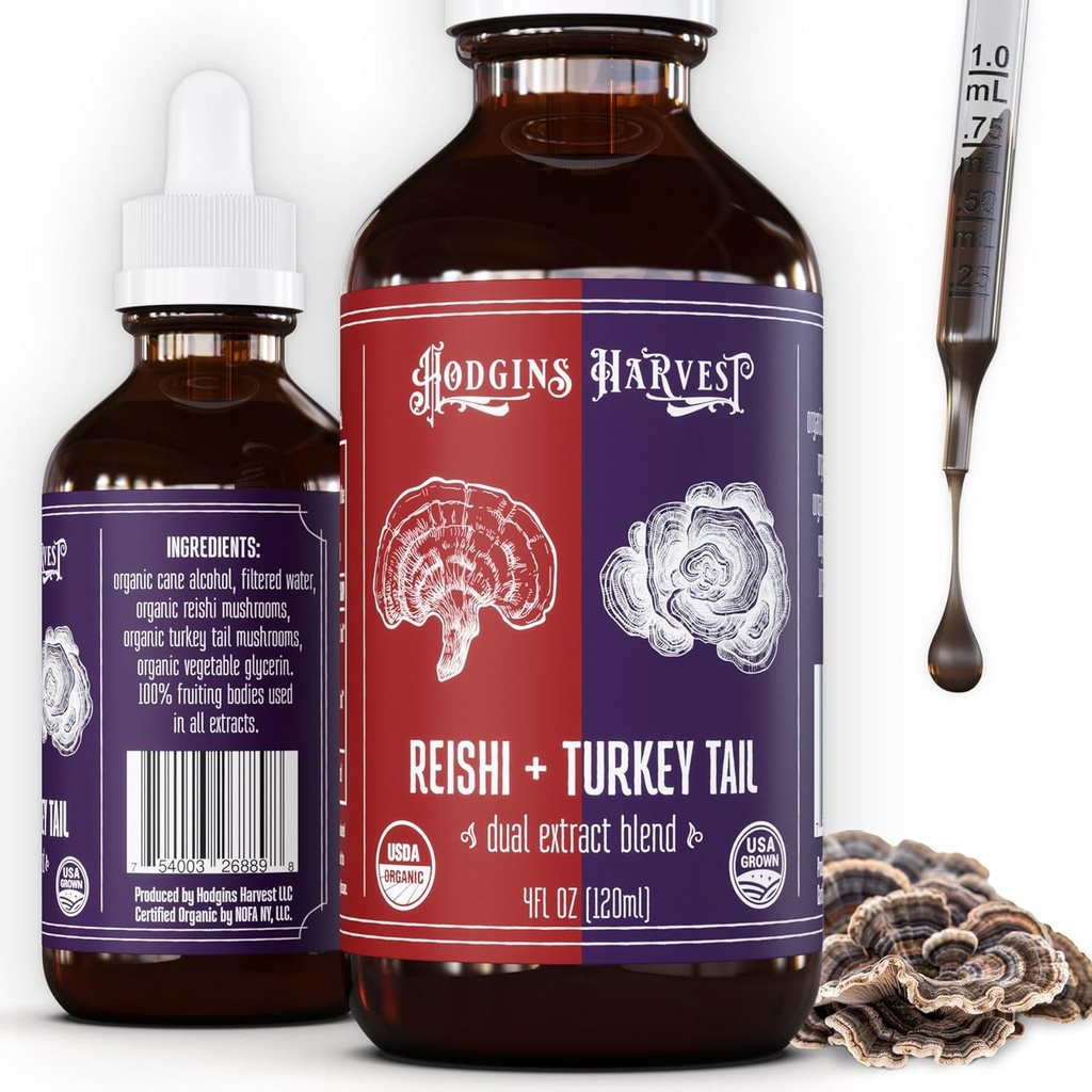 Hodgins Harvest Reishi + Turkey Tail Tincture | アメリカのマッシュルームで栽培 | デュアルエキス | エキストラ(4 floz)