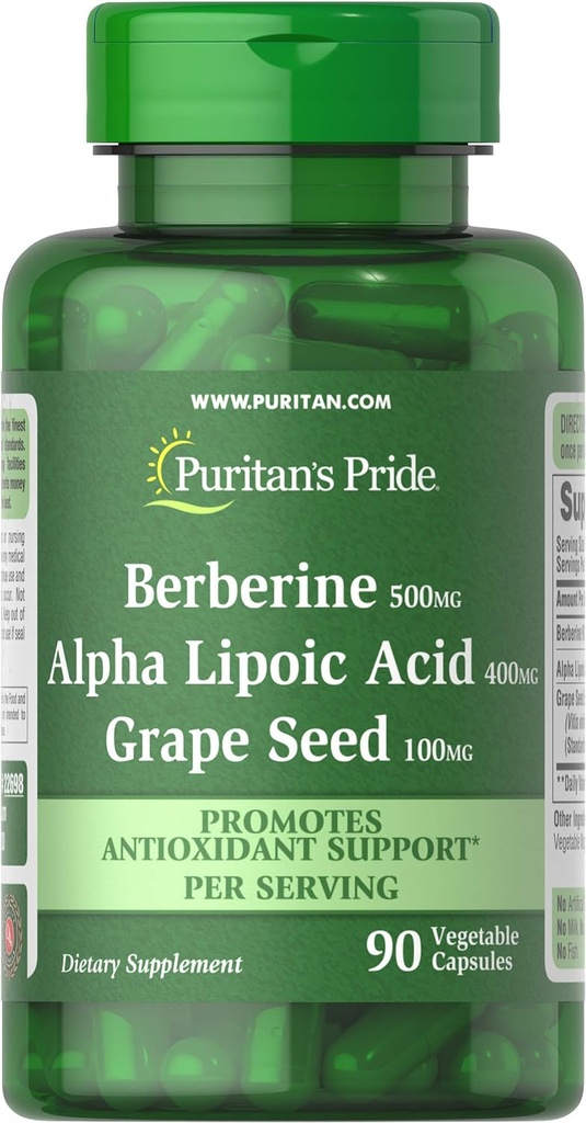 Puritan's Pride Berberine、アルファリポ酸&グレープシード、抗酸化防止サポート、90野菜カプセルを促進