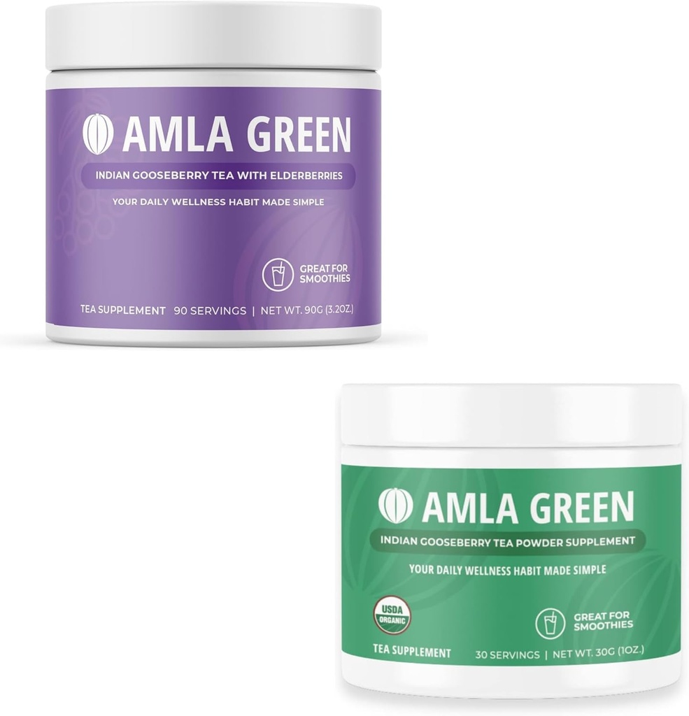 Amlaパウダー&グリーンティースーパーフードサプリメント, 抗酸化サポート, エルダーベリーで製造 (90 サービング) & インドのグーズベリー (30 サービング), オーガニック, ビーガン