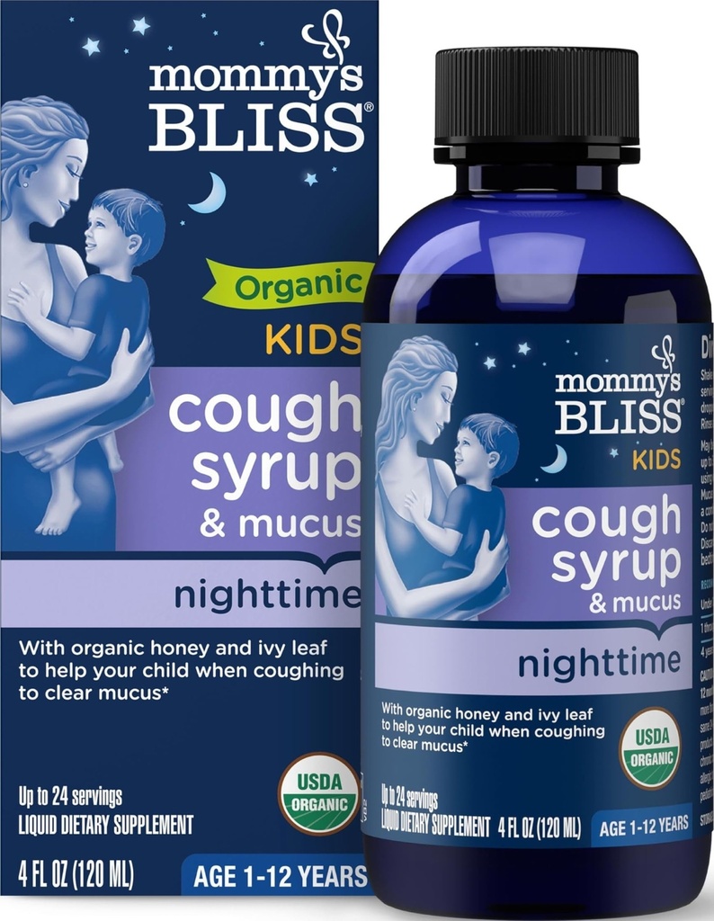 Mommy's Bliss Organic Kidsは、ナイトタイム、アガヴェ&ハニー、アイビーリーフ、亜鉛、ビタミンC、+ハーブナイトタイムブレンド、4 Fl zのための咳シロップ&ムカスリリーフ