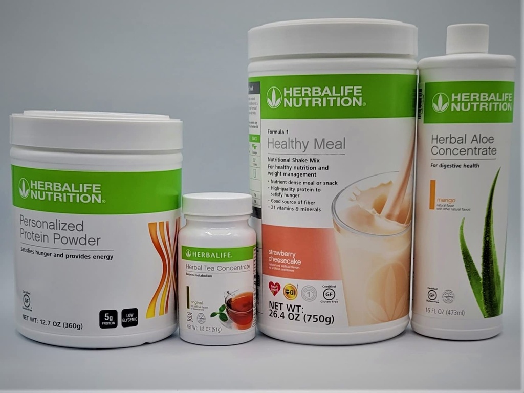 HERBALIFEの方式1の4のコンボ(いちごチーズケーキ750g)の健康な栄養物のシェイク ミックス ハーブのアロエの濃縮物のPint 473ml-PERSONALIZED 蛋白質の粉360gおよび草の茶は51gに集中します