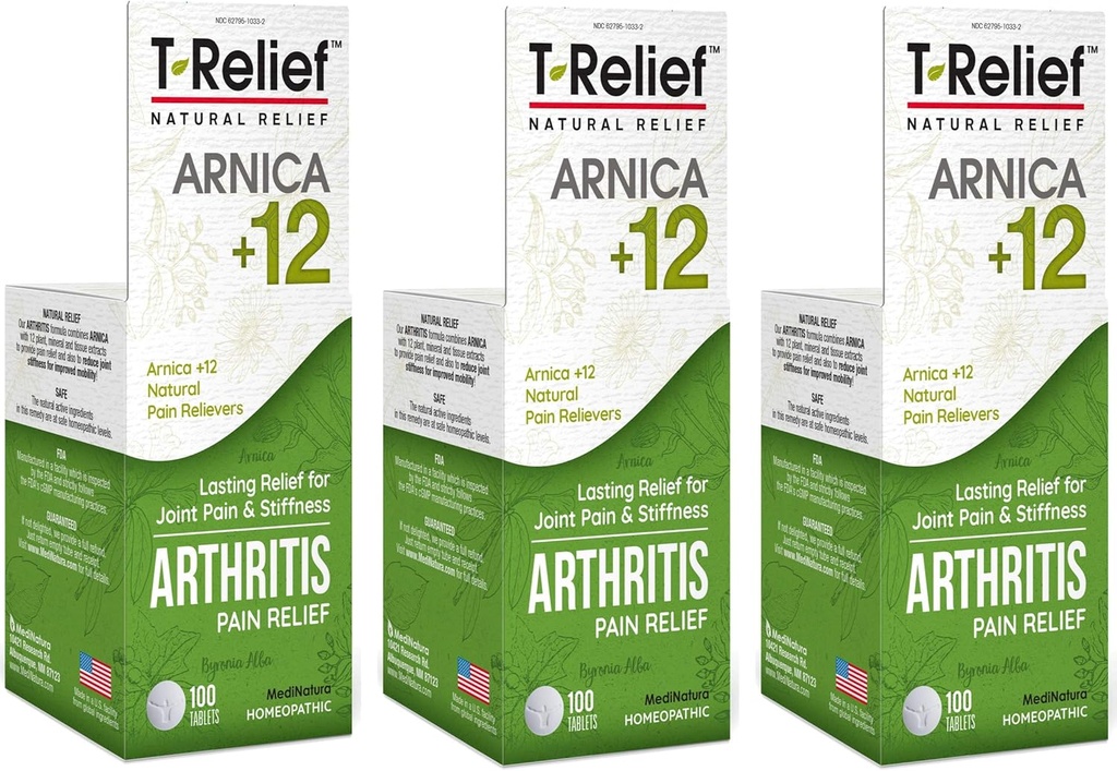 T-Relief Extra Strength Arthritis Pain Reliever Arnica +12 Natural Medicines for Joint Soreness Stiffness Aches, Quick Dissolving Pain Relief for Women &amp; Men - 100 Tablets (Pack of 3)