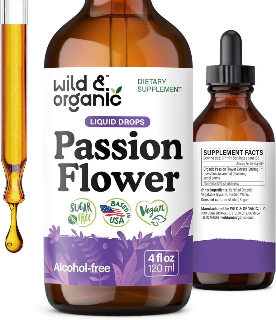 Wild & Organic Passion Flower Tincture - Mood Support - Calming Passionflower Supplement - Passiflora Incarnata Liquid Extract - Vegan, Sugar & Alcohol-Free Herb Drops - 4 fl oz