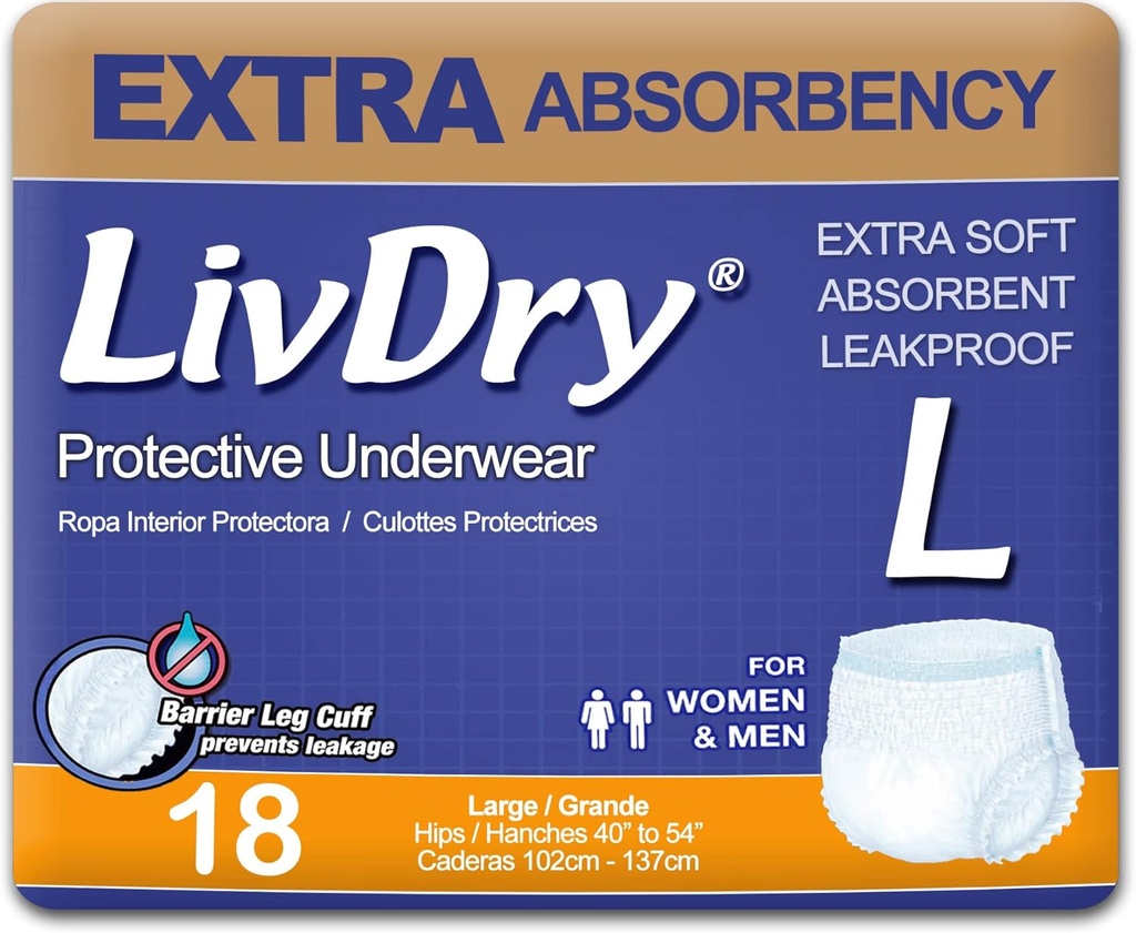 LivDry大人のIncontinenceの下着、余分吸収性の大人のおむつ、漏出保護、大きい、18パック