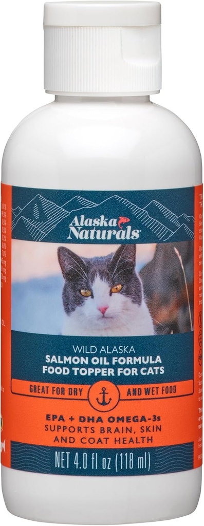 Alaska Naturals – Wild Alaska Salmon Oil Formula Cat Food Topper – EPA and DHA Omega-3 - Supplement for Cats Healthy Skin, Shiny Coat – Made in The USA – 4 oz Bottle
