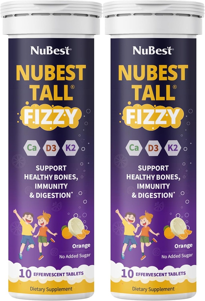 NuBest Tall Fizzy | Bone Strength, Immunity, Digestive Health for Kids Age 4+ & Teens | Probiotic, Calcium, Magnesium from Red Marine Algae, Vitamins | 20 Orange Effervescent Tablets | Pack 2