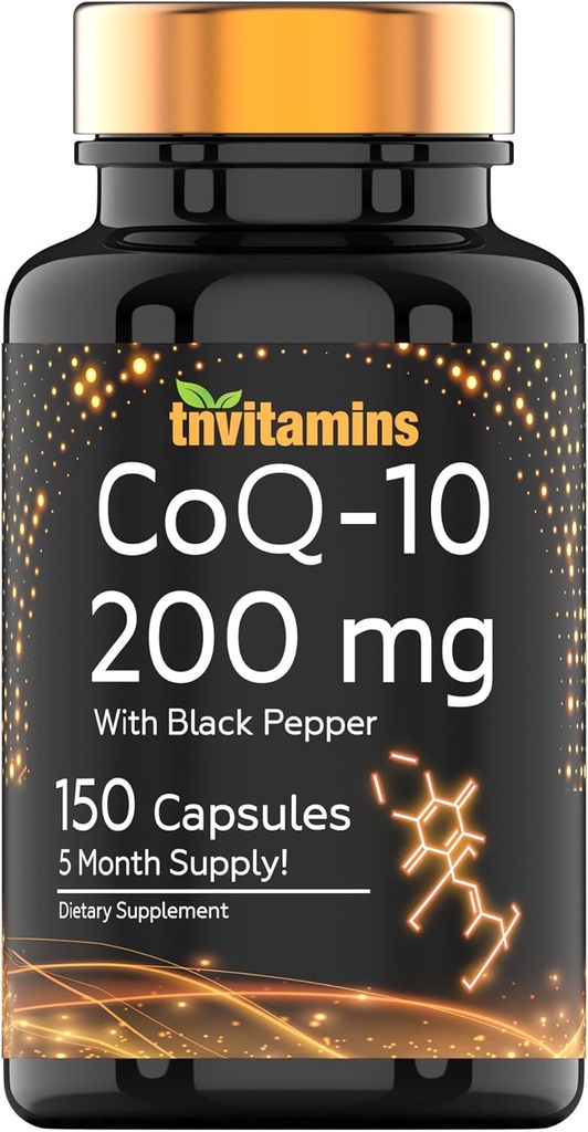 tnvitamins CoQ-10 200mg - 150 Capsules with Black Pepper Extract | 5 Month Supply! | Powerful Free Radical Fighting Antioxidant | Max Absorption Rapid Release Capsules | Coenzyme Q-10 200 mg