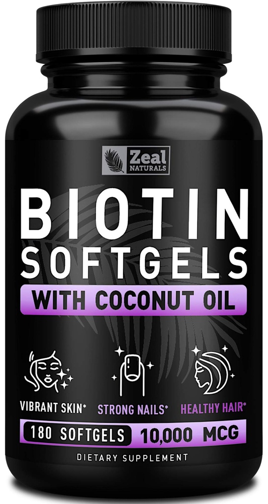 ゼールビオチン 10000mcg オーガニックココナッツオイルソフトジェル | ビタミンビオチンサプリメント | ヘアスキンと女性のためのネイルビタミン | 6 mo 供給 - 180 ゲルカプセル