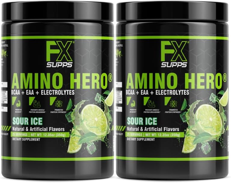 FXSUPPS Amino Hero Sour Ice Flavor (50 Servings) | Post-Workout Recovery Drink for Men and Women | Energy Powder Mix with BCAA, EAA, and Electrolytes | Promotes Endurance and Healthy Muscles - 2 Pack