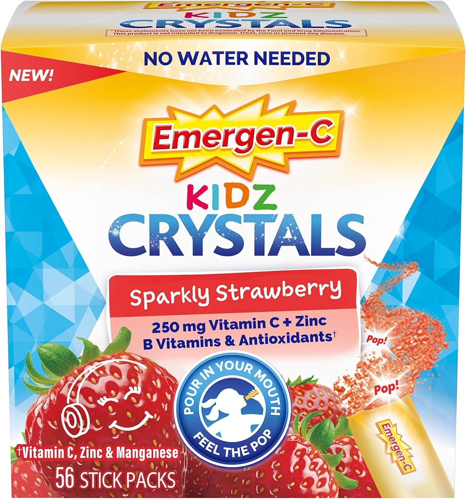 Emergen-C Kidz Crystals、On-the-Go Emergen-C Immuneは、ビタミンC、Bビタミン、亜鉛、マンガン、スパークリーベリー、ストッキングサッファ - 56スティックパックとサプリメント