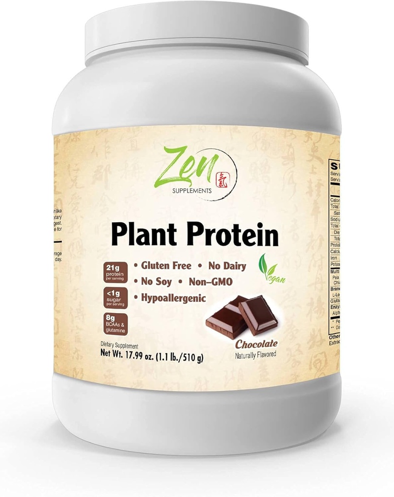 ゼンサプリメント - 植物タンパク質チョコレート510G 1.1LB -粉 - サービングあたりのタンパク質の23グラム - ビーガン、低ネット炭水化物、非酪農、グルテンフリー、乳糖無料、砂糖なし、大豆無料、コシャ、非GMO