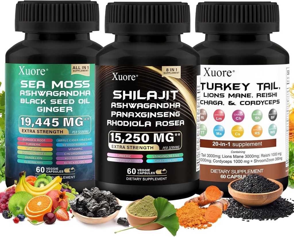 Shilajit、海苔、黒の種子油、Mushroom&Herbサプリメントとライオンズマネ、トルコテール、Reishi、コルディセプ、チャガ、アッシュワガンダ、ジンジャー、Rhodiola Rosea&Panax Ginseng、オールインワンサプリメント。