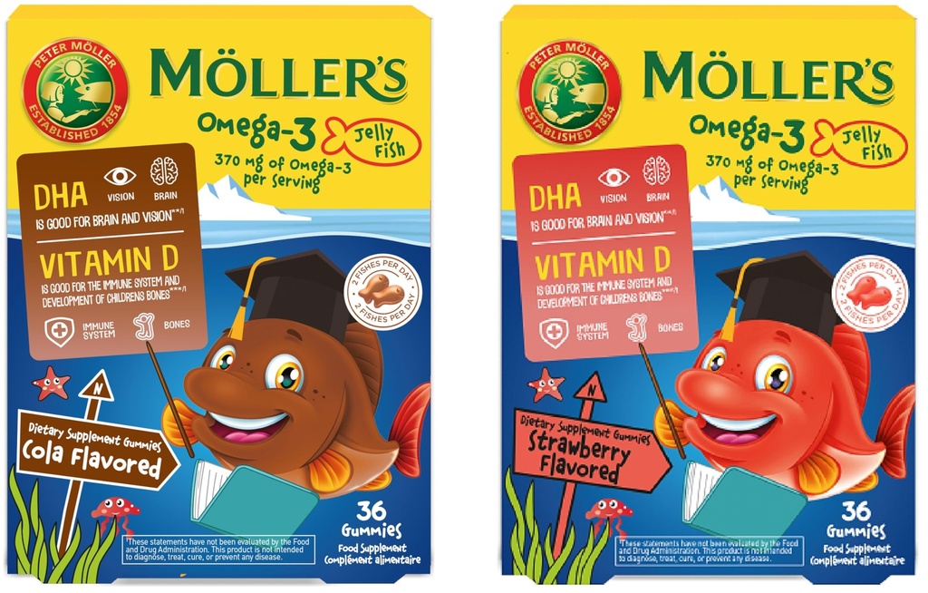 MÖLLER'S | オメガ3 子供のためのカプセル | 天然オメガ3 DHAとEPAの魚 | 簡単に咀嚼、グルテンフリー、ラクトース、砂糖 | パック72 | コーラ&イチゴの味