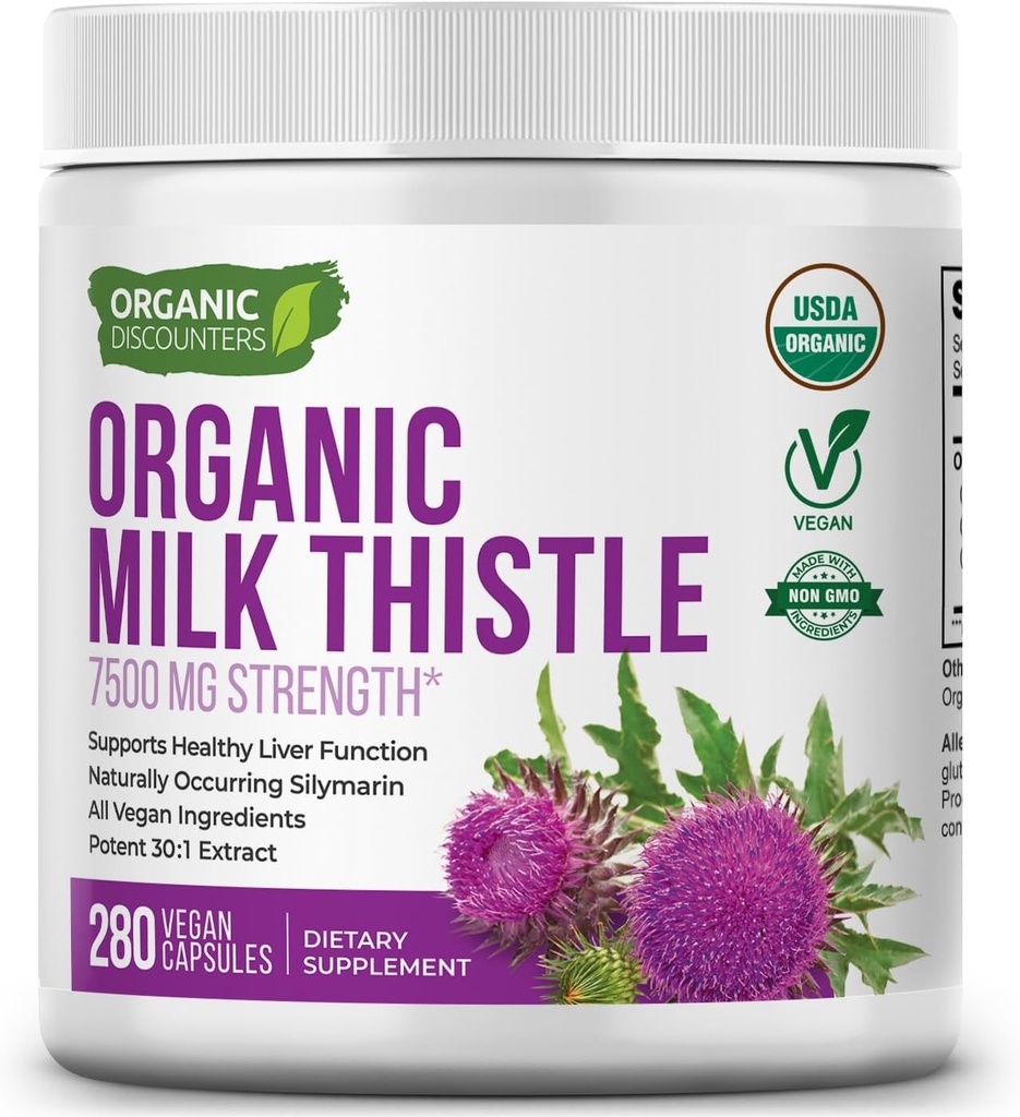 Milk Thistle Capsules, 280 Count, 7500 mg Strength, Potent 30:1 Extract, USDA Certified Organic, Rich in Silymarin Flavonoids, Vegan, Non-GMO and All-Natural