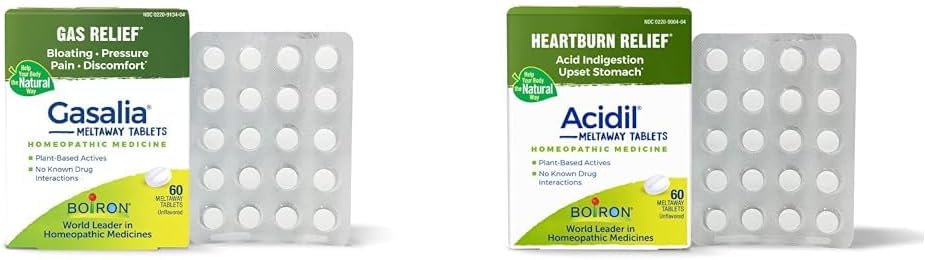 Boiron Gasalia Tablets and Acidil Tablets for Gas, Bloating, Acid Reflux, Heartburn, Indigestion, and Upset Stomach Relief - 60 Count Each
