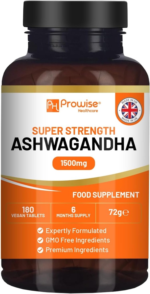 Ashwagandha 1500mg 180 ビーガンタブレット | 6 ヶ月の供給 | 純粋な高強度の Ashwagandha ルート エキス | 英国でプロワイズ ヘルスケアによって作られた