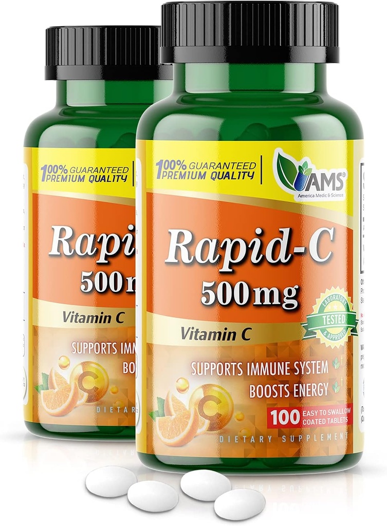 America Medic & Science Rapid-C 500mg Vitamin C Supplement (2 Pack of 100 Tablets) Energy Booster, Daily Immune System Support, Antioxidant | Vegan, Non-GMO Coated Ascorbic Acid for Adult Men & Women