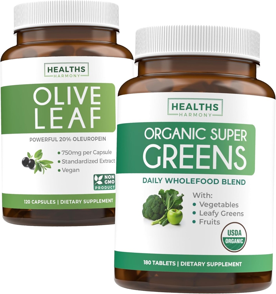 Olive Leaf Extract & Organic Super Greens (4-Month Supply) Pure Plant Power Bundle of Olive Leaf Extract (120 Capsules) Super Strength & Organic Super Greens (180 Tabets) Organic Superfood