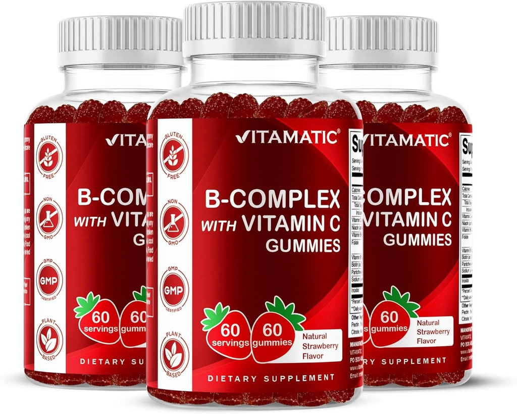 VitamaticビタミンBコンプレックスビタミンC&イノシトール - ナチュラルストロベリー風味 - 60グミ(3ボトル)