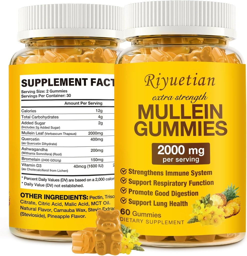 Mullein Gummies、明確な肺のための 2000mg の有機性 Mullein の葉のエキス、ブーストの呼吸器及び消化器、大人の及び子供のための免疫のブースター、アレルギーの友好的、非 GMO、60 のガミー
