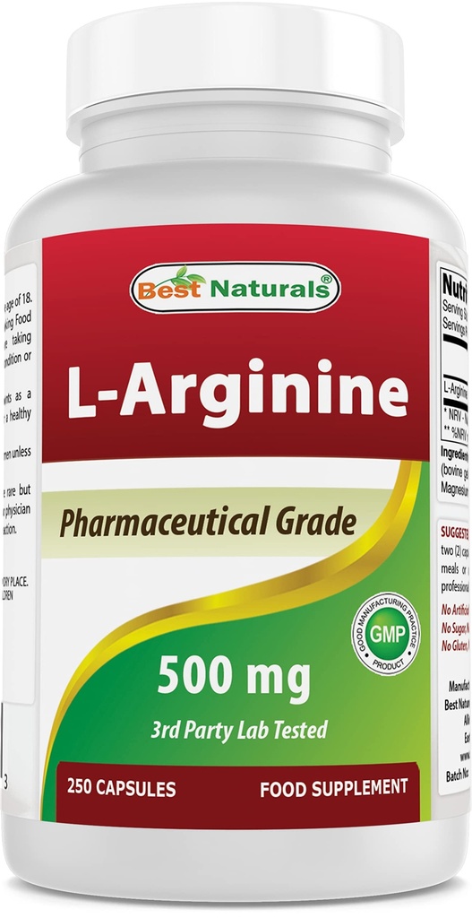 ベストナチュラルL-アルギニン500mg 250カプセル - 医薬品グレードLアルギニンサプリメントは、ニトリ酸化物合成を促進