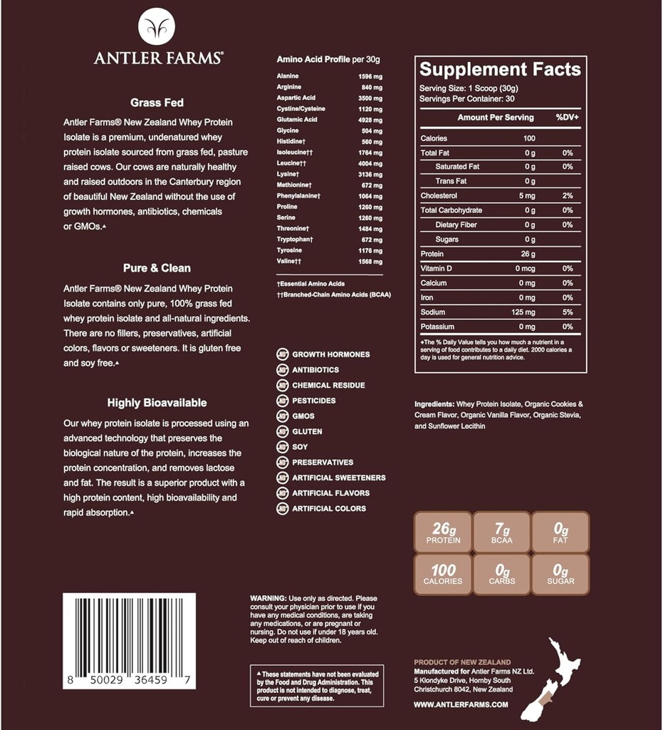 アントラーファーム - 100%グラスフェッドニュージーランドウィープロテインアイソレート、クッキー&クリームフレーバー、2ポンド - 純粋で清潔で5成分、低温加工