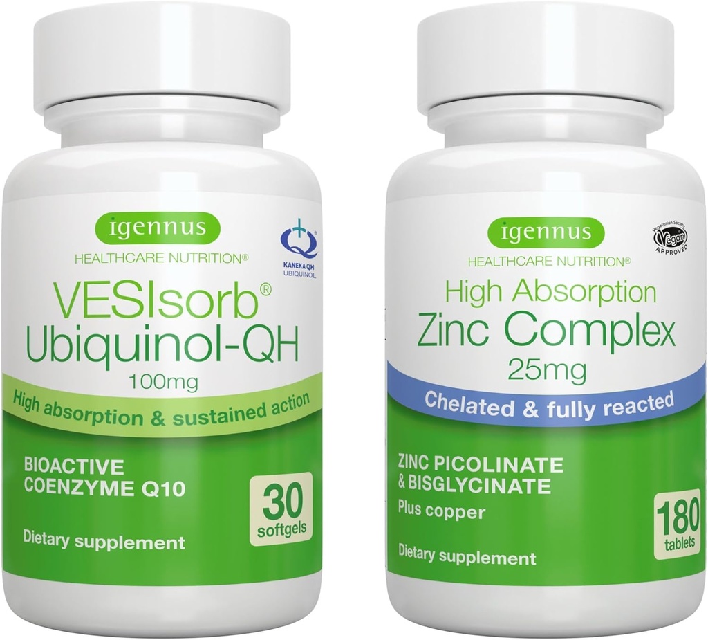 VESIsorb Ubiquinol-QH + 亜鉛複合バンドル 不妊症、高速機能アドバンストCoQ10 100mg + 25mg ケレート亜鉛、Igennus