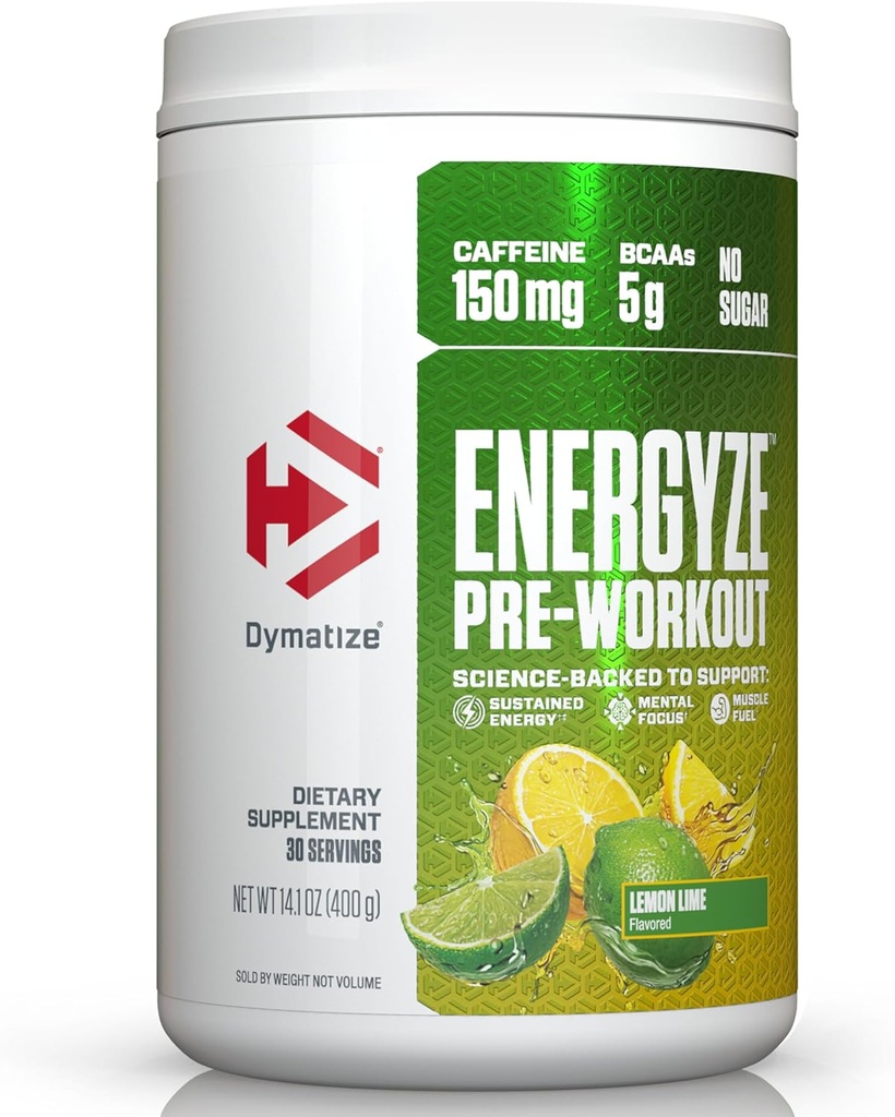 男性と女性のためのDymatize Energyzeプレワークアウトパウダー、レモンライム風味、150mgカフェイン、5g BCAA、L-テアニンのパフォーマンスブレンド、L-チロシン、L-シトルリン、砂糖、30サービング