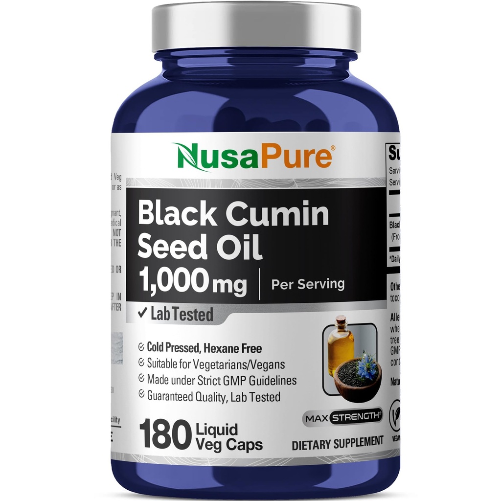 NusaPureブラックシードオイル1,000mg/サービング180Softgelカプセル(非GMO、ベジタリアン)冷圧バージンニゲラサティバ。 ヘキサンフリー
