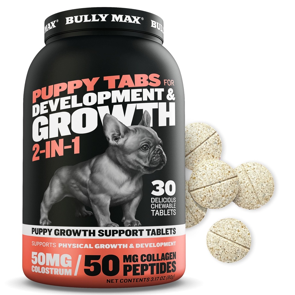 Bully Max 2-in-1 子犬のビタミン - 子犬の発達と成長のための30の咀嚼可能なタブレット - 犬の御馳走、ビタミン及び小さい犬のための補足及び大きい繁殖された成長の子犬 - フードのトッパーとして使用することができます