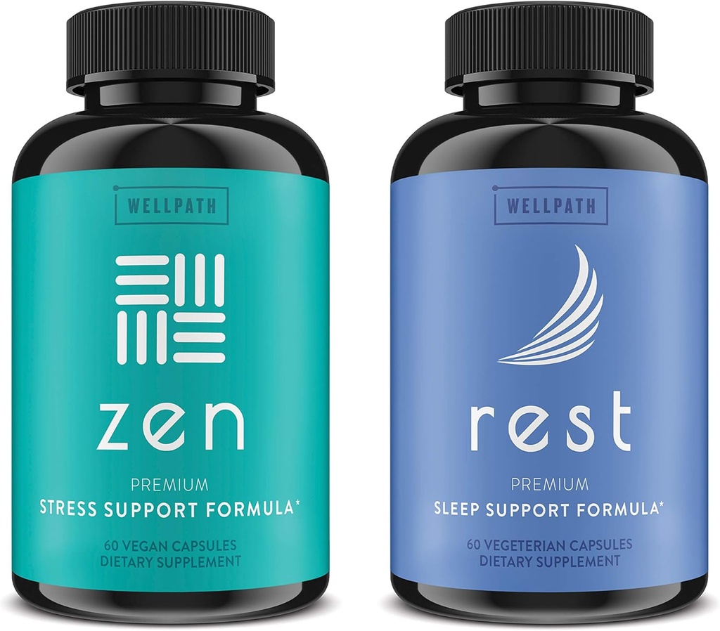 WellPath Zen Mood サポート + 残りの Valerian Root Sleep Aid サプリメント 2 パック - Calm Mood、エネルギーと自然睡眠サポートのための究極の組み合わせ - L-テアニン&その他の天然成分 - 60 Cts 各
