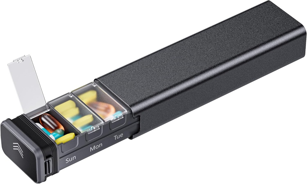 7 日週刊金属の丸薬のオルガナイザー旅行、Kursoaya の優れたアルミニウム毎日の丸薬箱、かわいい携帯用丸薬箱、補足のための大容量の丸薬のホールダー、丸薬、ビタミン、薬(黒)