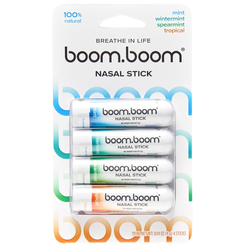 BoomBoom 鼻棒 | 蒸気の流れ技術 | 冷間リフレッシュセンセーション | 自然な気分ブースト | シンプルな成分 | エッセンシャルオイル + メンソール吸入器(ミント、ウィンターミント、トロピカル、スペアミント)