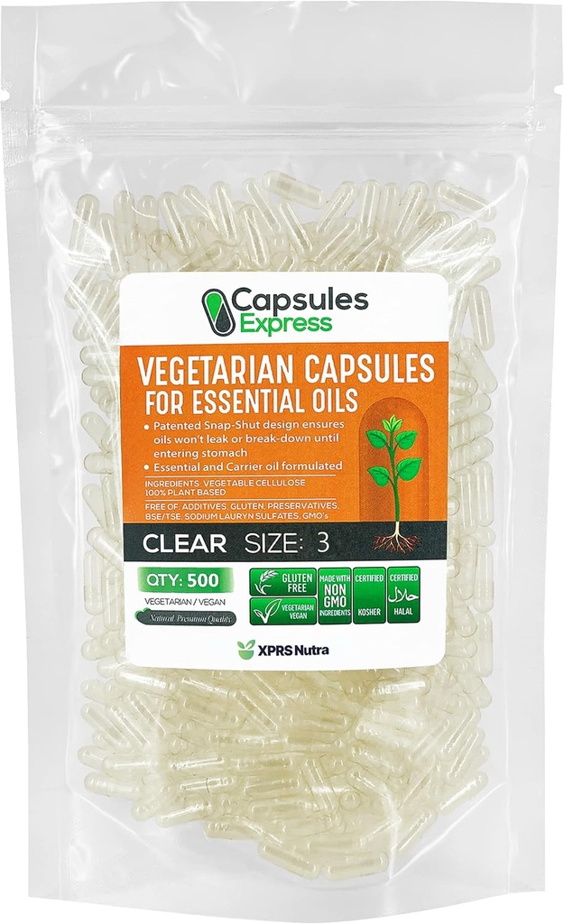 XPRS Nutraサイズ3空のビーガンカプセル - 500カウントほとんどのエッセンシャルオイルのための明確なベジギーカプセル - 空の野菜の丸薬 - DIYオイル充填