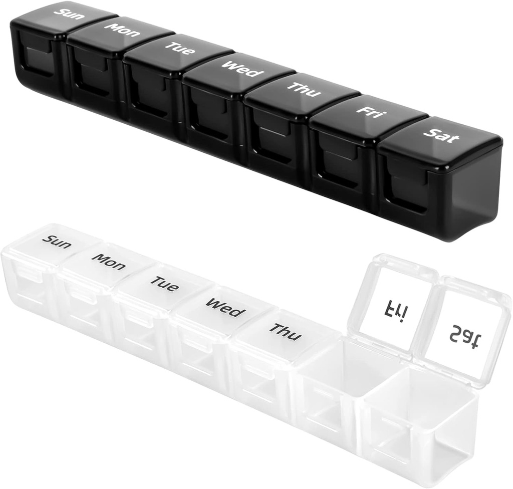 2パックウィークリーピルオーガナイザー、大企業デイリーピルオーガナイザー、旅行のためのポータブルピルボックス、週刊ピルディスペンサー(黒+白)