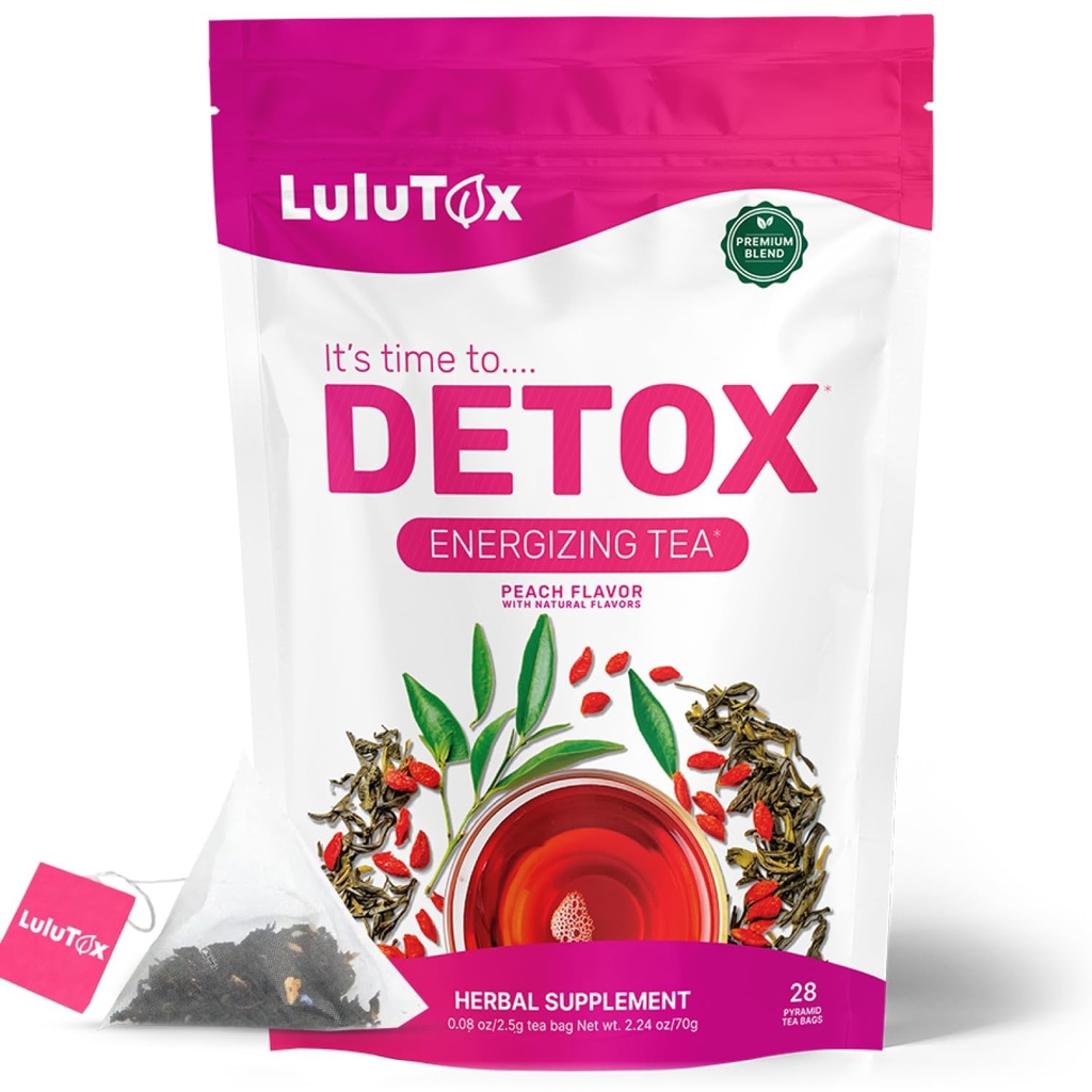 LULUTOX Detox Tea - Slimming Tea with Dandelion and Ginseng to Support Goals for Detox Cleanse, Flat Belly, Bloating, Healthy Weight and Digestive Health - Women & Men - Peach Flavor (28 Servings)