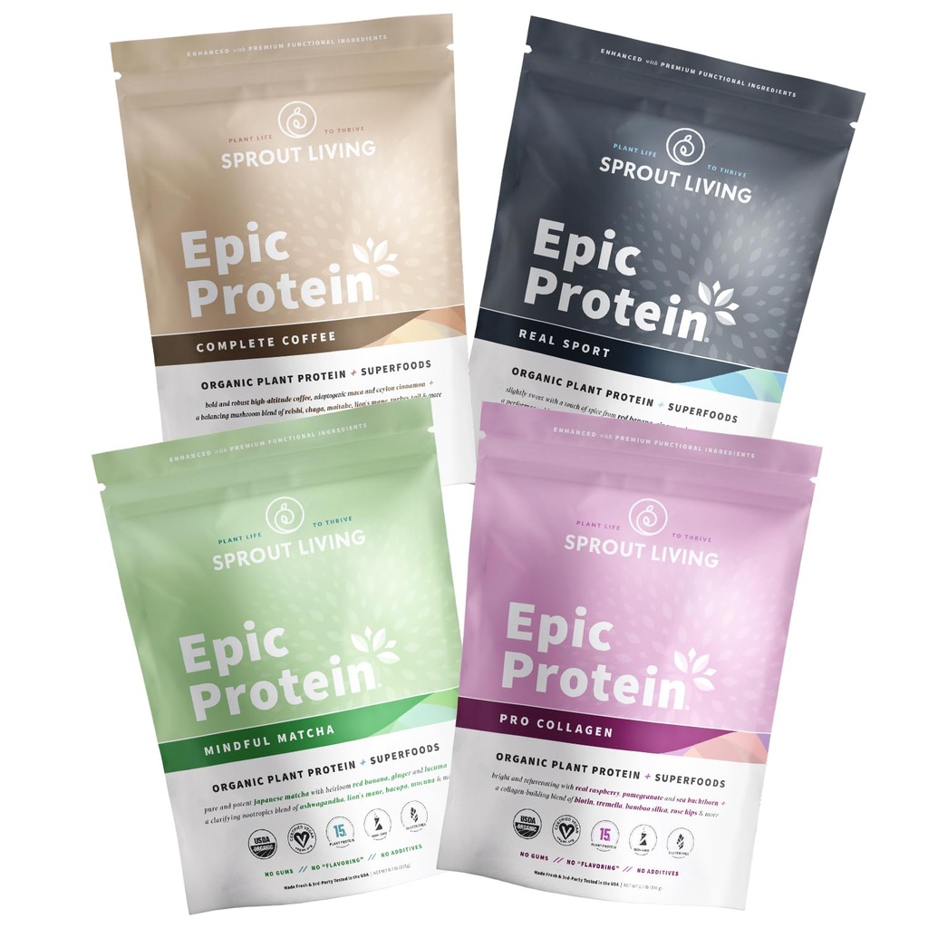 Sprout Living、Epic Protein Pro Collagen、Mindful Matcha、Real Sport、Coffee、12のサービング