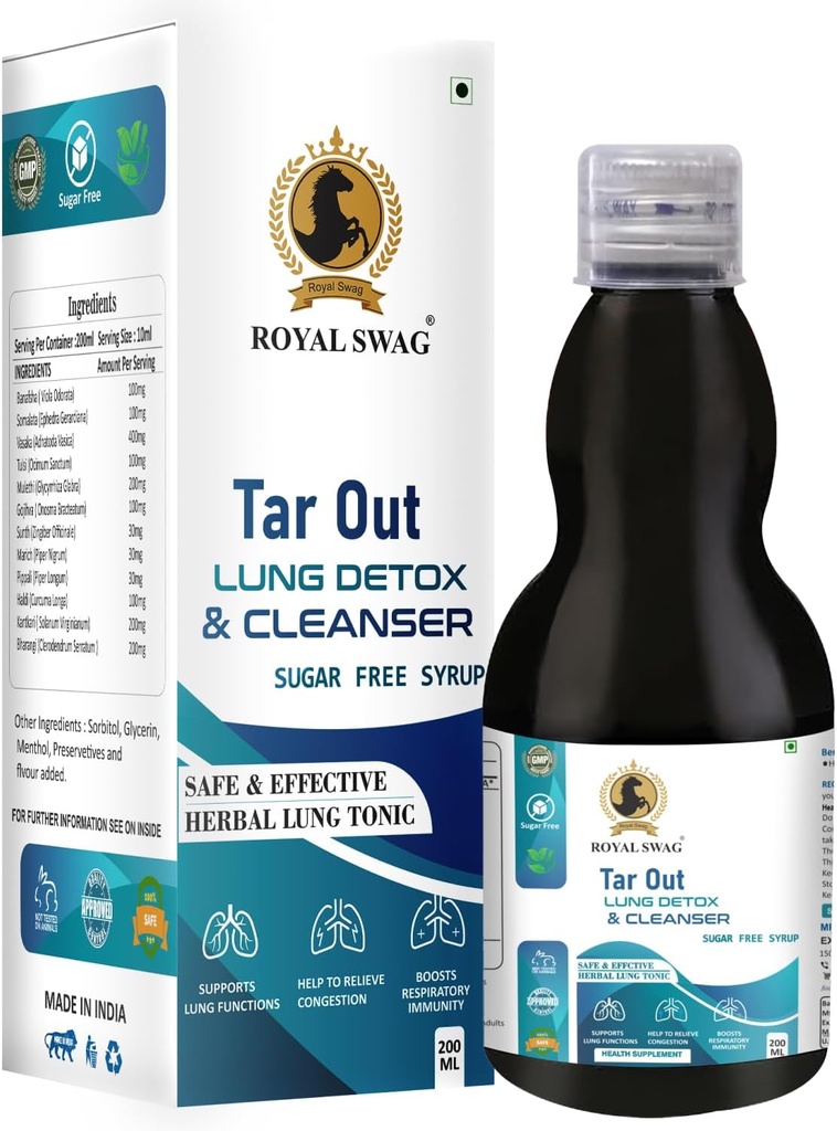ROYAL SWAG Ayurveda Tar Out Syrup Lungs Detox Sugar Free (200 ml) Lungs から Tar を取り除きます 煙 & Air Pollution Herbal Syrub から Lung と Mucus Remover から毒素を取り除きます