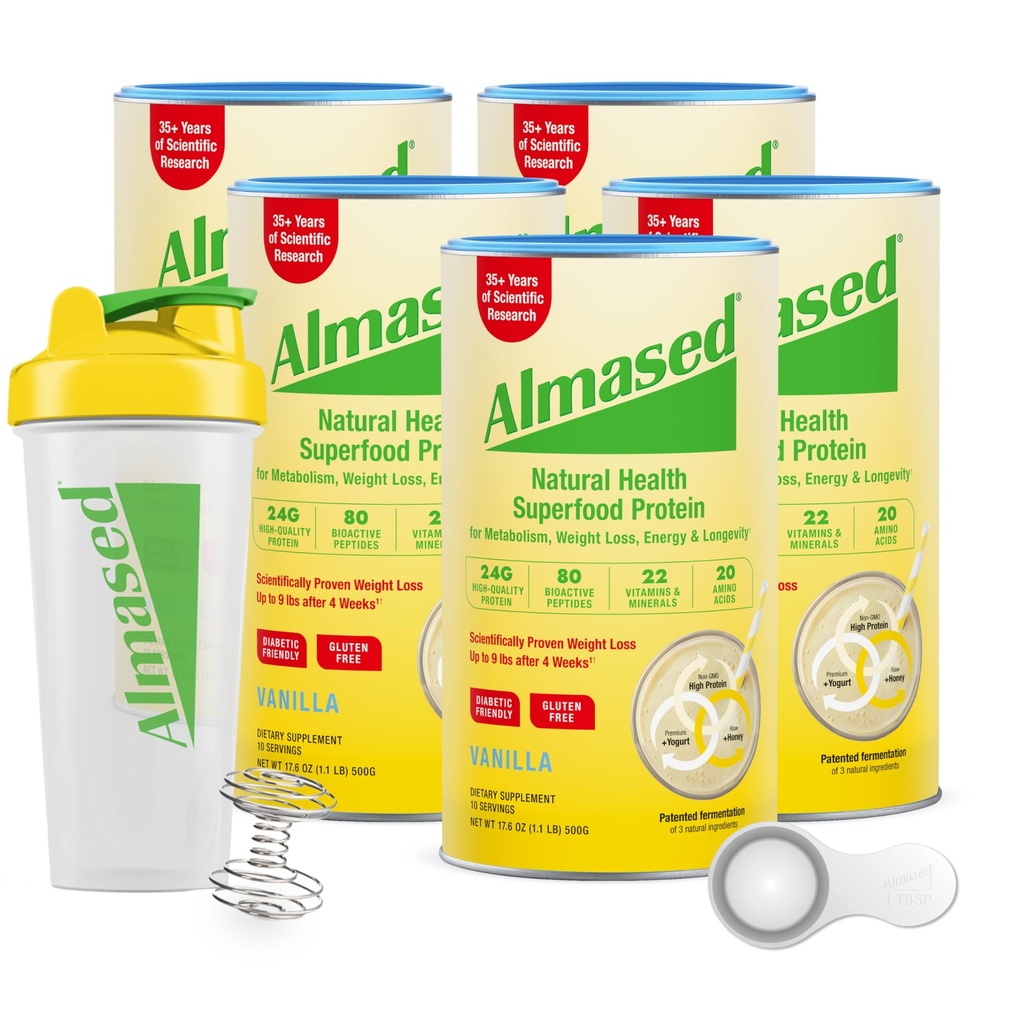 Almased | ハイプロテインシェイクス | お食事交換シェイク | シェーカーボトル(バニラフレーバー、5缶17.6オンス+スクープ)の減量のためのお食事交換パウダー