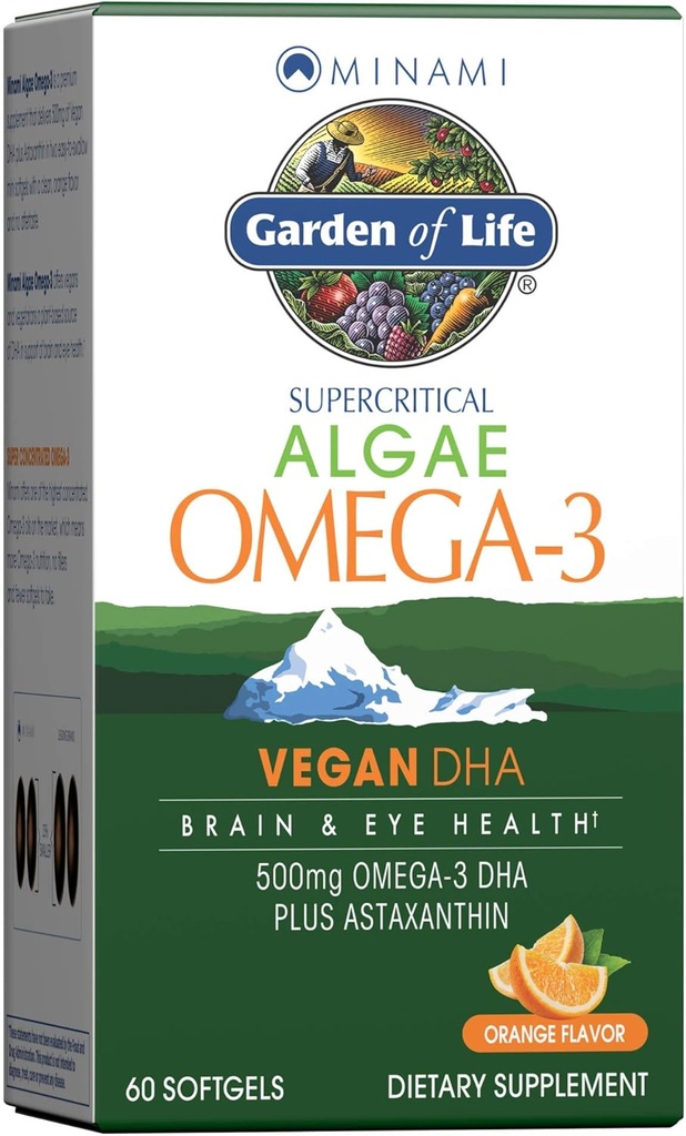 Garden of Life Minami Algae Omega 3 Vegan DHA for Brain and Eye Health - Orange Flavor, 500mg Plant Based DHA Omega-3 Vegan Algae Oil Plus Astaxanthin, No Aftertaste, 60 Easy-to-Swallow Mini Softgels
