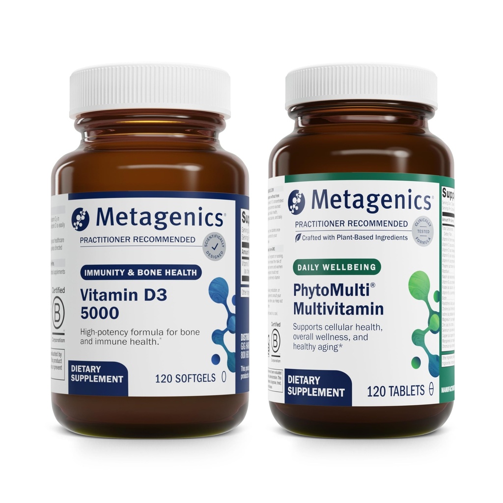 メタジェニックスバンドル - アイアンなしでD3 5000&PhytoMulti - 免疫サポートのためのD3 5000の120 Softgels、骨の健康と心の健康 - 全体的な健康と老化のための鉄なしでPhytoMultiの120錠