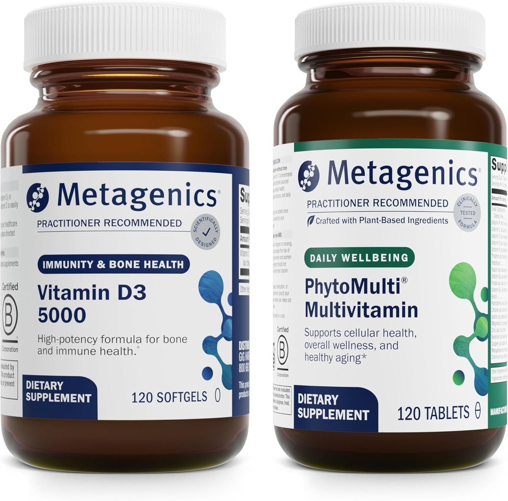 Metagenics Bundle - D3 5000 & PhytoMulti Without Iron - 120 Softgels of D3 5000 for Immune Support, Bone Health & Heart Health - 120 Tablets of PhytoMulti Without Iron for Overall Health & Aging