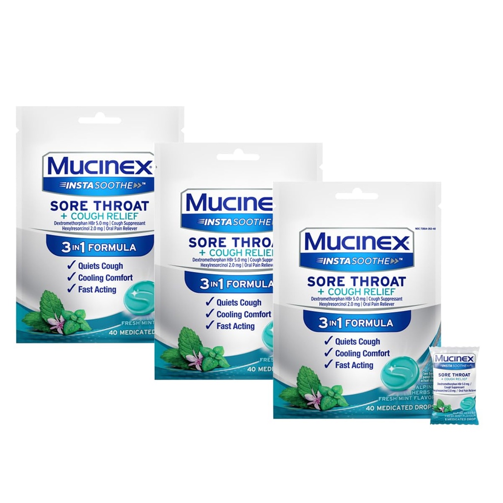 Mucinex InstaSoothe Sore Throat + 咳救済アルパインハーブ & ミント風味, 速い演技, 冷却の快適, 強力な痛みの痛みの軽減, 40 薬用ドロップ (40 カウント)