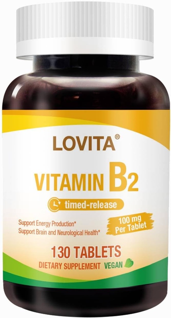 Lovita ビタミン B2 (リボフラビン) 100mg, タイム リリース, 8 時間持続, サポート代謝 & 神経の健康, 130 ビーガンタブレット