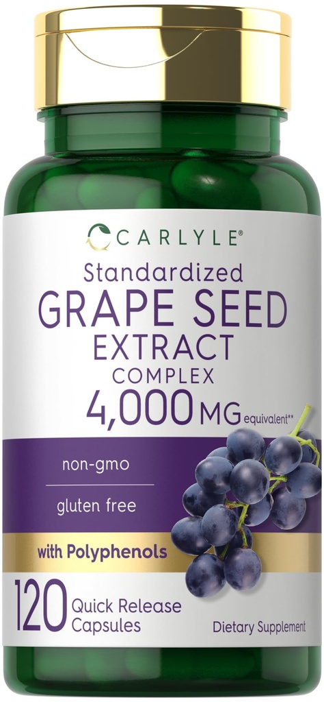 Carlyle Grape Seed Extract 4,000mg | 120 クイックリリースカプセル | ポリフェノールと標準化されたエキスコンプレックス | 非GMO、グルテンフリーサプリメント