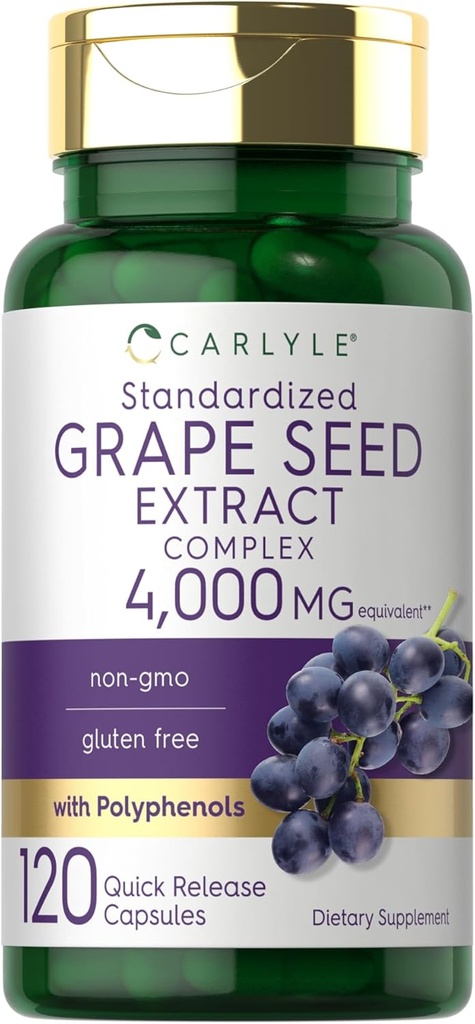 Carlyle Grape Seed Extract 4,000mg | 120 クイックリリースカプセル | ポリフェノールと標準化されたエキスコンプレックス | 非GMO、グルテンフリーサプリメント