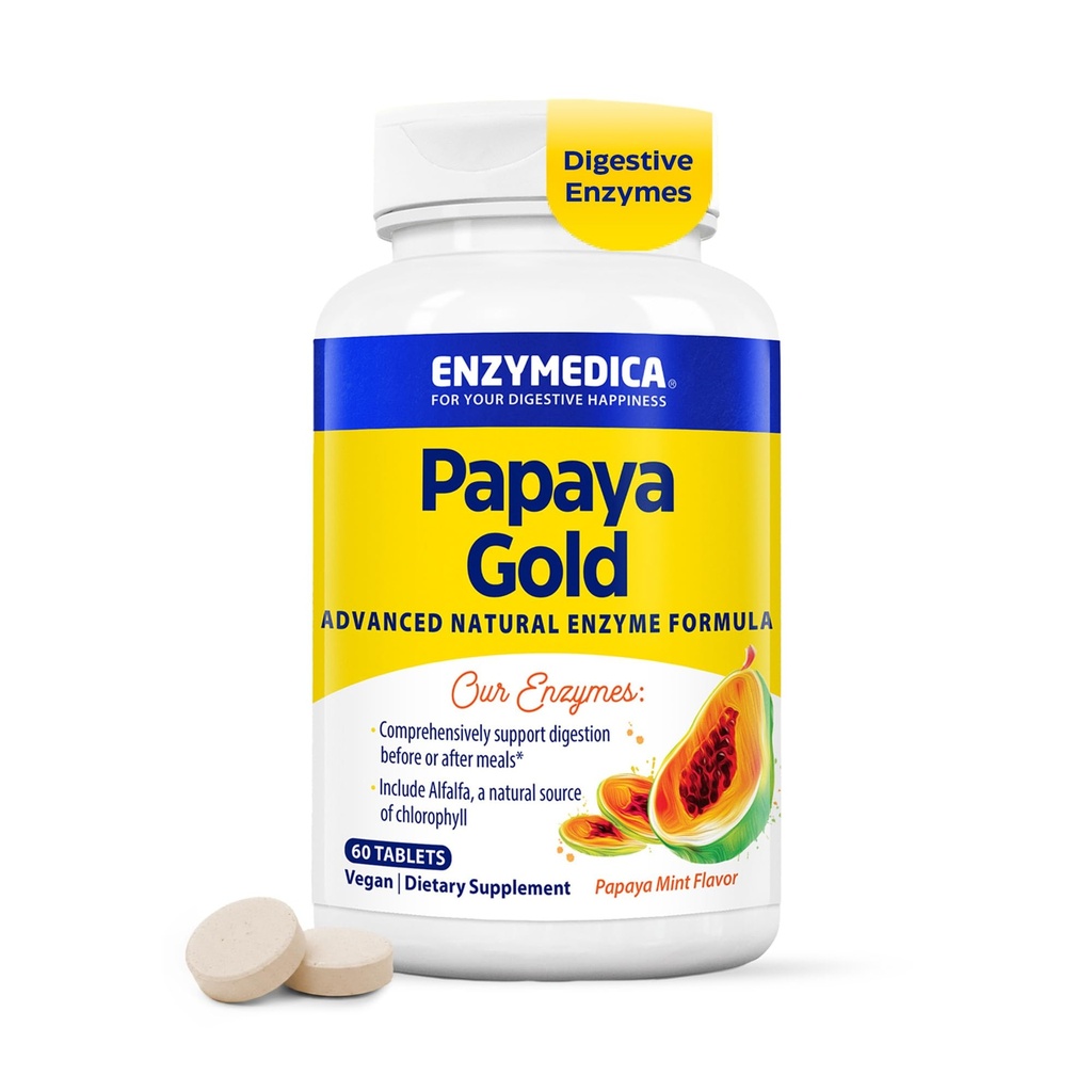 Enzymedica Papaya Gold, 自然有機パパイヤと高度な消化酵素 & 包括的な消化のサポートのためのChlorophyll, 高効力Bromelain & Papain, 完全菜食主義者の, ミント, 60 Chewable錠