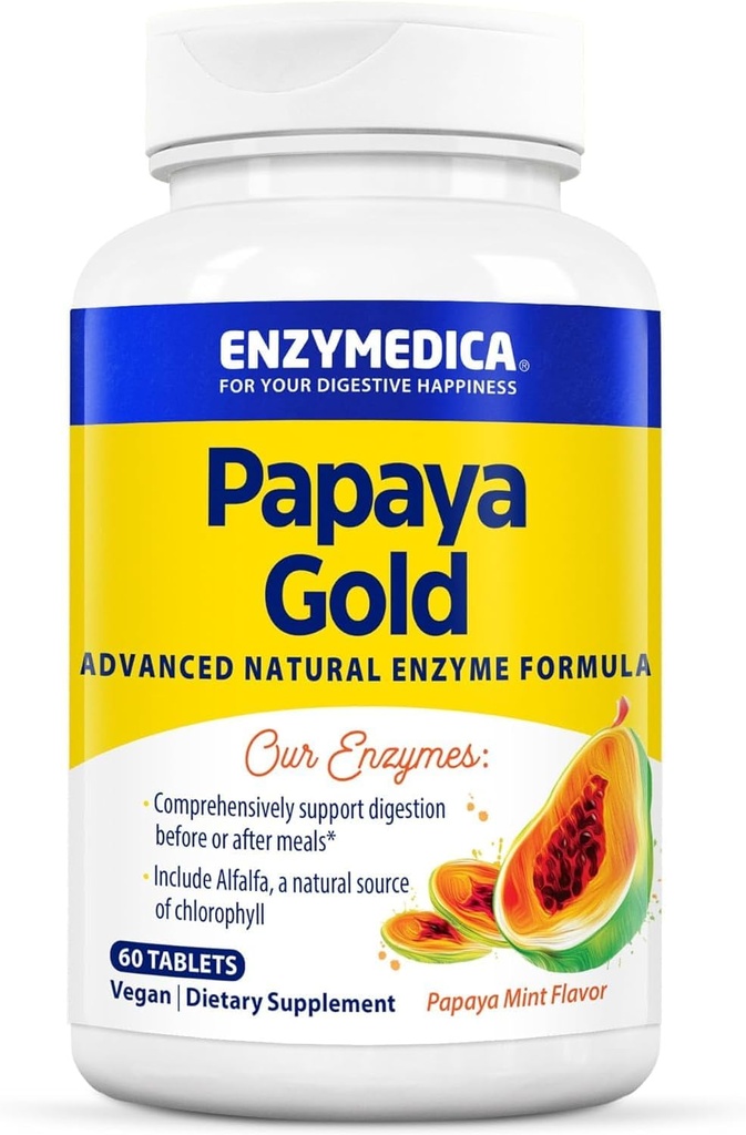 Enzymedica Papaya Gold, 自然有機パパイヤと高度な消化酵素 & 包括的な消化のサポートのためのChlorophyll, 高効力Bromelain & Papain, 完全菜食主義者の, ミント, 60 Chewable錠