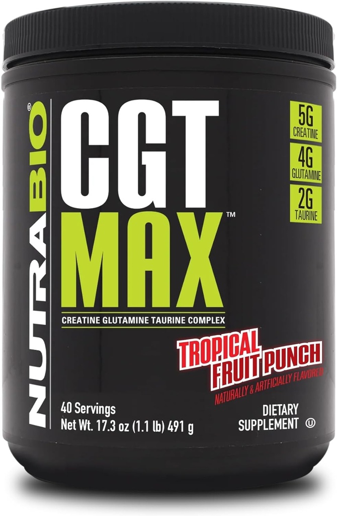 NutraBio CGT-MAX パウダー クレアチン、グルタミン、タウリン 筋肉の回復と強度をサポート - 40 サービング - トロピカルフルーツパンチ...