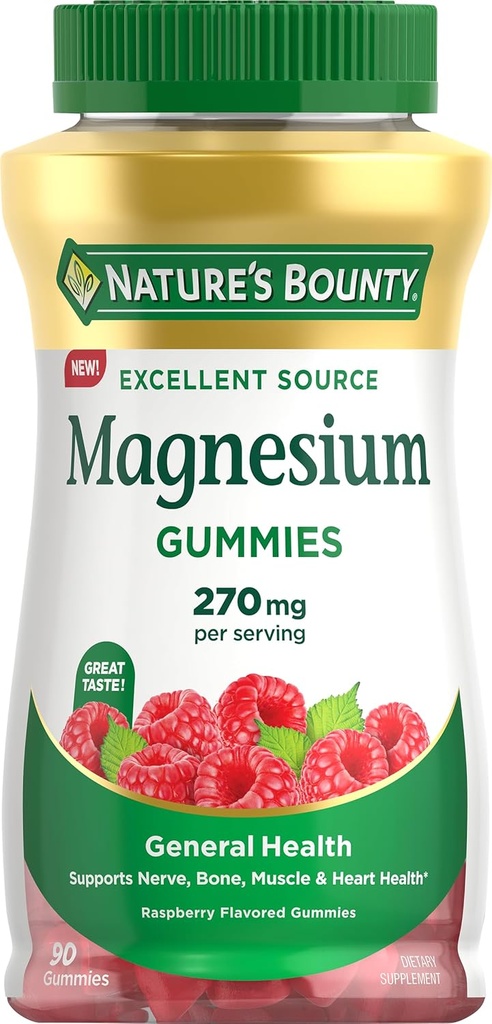 Nature's Bounty Magnesium Citrate Gummies for Adults, Supports General Health, Bone, Nerve, Muscle & Heart Health Support, 270mg per Serving, Vegan, Non-GMO - Raspberry 90 Count